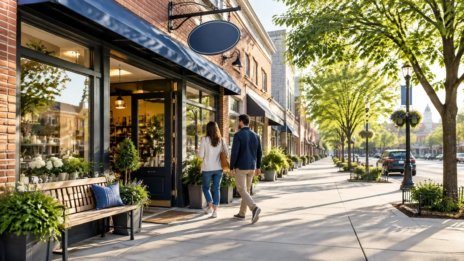 Independent brick storefront on a sunny, tree-lined Ohio-style main street