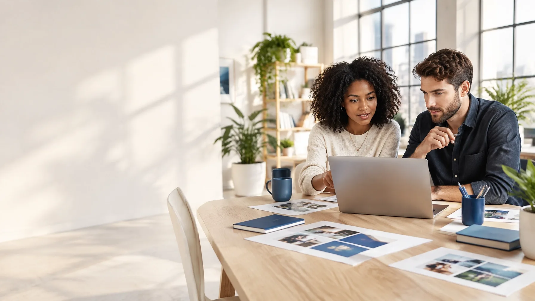 Two marketing professionals collaborating around a laptop in a bright modern workspace