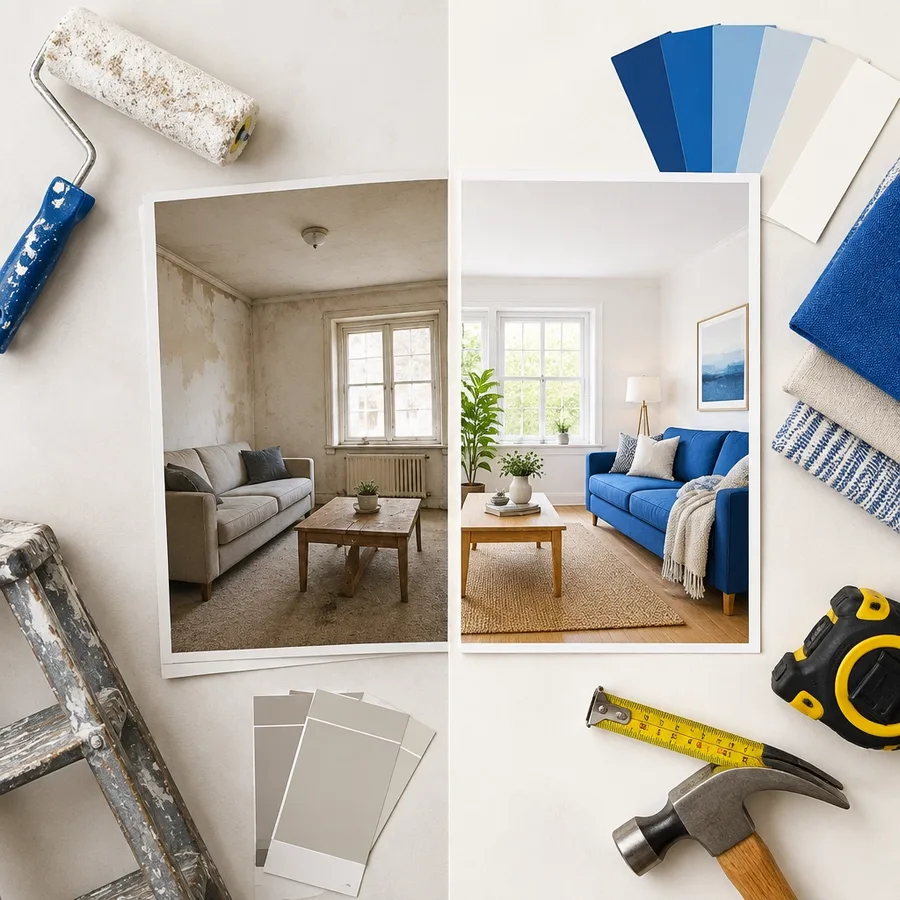 Overhead home refresh scene with before and after room photos, paint swatches, and renovation tools